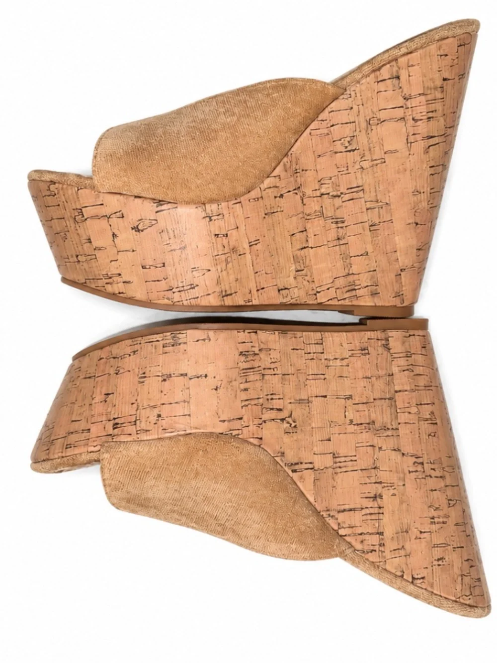 Tan Faux Suede Cork Platform Wedge Slide Sandals